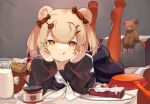  1girl :q animal_ears arknights bangs bear_ears bear_girl black_jacket blonde_hair blue_skirt blush bread candy_hair_ornament chinese_commentary commentary_request eyebrows_visible_through_hair food food-themed_hair_ornament frying_pan gummy_(arknights) hair_ornament hairpin highres indoors jacket jam long_sleeves looking_at_viewer lying milk neckerchief on_stomach orange_eyes pantyhose red_legwear sailor_collar sakurami_sumi school_uniform serafuku short_hair skirt soles solo stuffed_animal stuffed_toy teddy_bear tongue tongue_out white_neckwear white_sailor_collar 