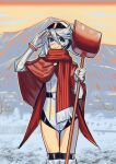  1girl bangs black_legwear blurry blurry_background blush bukimi_isan cape commentary_request cowboy_shot elbow_gloves gloves goggles goggles_on_head grey_eyes hair_between_eyes looking_at_viewer mountain outdoors red_cape red_scarf salute scarf shiny shiny_hair short_hair shy_(character) shy_(series) smile solo striped striped_scarf sweatdrop thigh-highs tree white_gloves white_legwear 