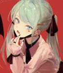  1girl 7ife aqua_eyes aqua_hair bangs black_mask black_nails black_neckwear black_ribbon chromatic_aberration commentary_request ear_piercing eyebrows_behind_hair fangs hair_ornament hair_ribbon hand_to_own_mouth hand_up hatsune_miku heart heart_hair_ornament heart_tattoo highres long_hair long_sleeves looking_at_viewer looking_up mask_pull nail_polish necktie open_mouth piercing ribbon simple_background solo tattoo twintails upper_body vocaloid 
