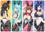  4girls ace_of_clubs ace_of_diamonds ace_of_hearts ace_of_spades agatsuma_kaede alice_gear_aegis animal_ears ass black_eyes black_hair black_legwear blue_bow blue_eyes blue_hair bow brown_eyes brown_hair bunny_tail closed_mouth detached_collar fake_animal_ears fake_tail leotard multiple_girls ochanomizu_mirie open_mouth pinakes pink_bow playboy_bunny rabbit_ears tail usamoto_anna wrist_cuffs 