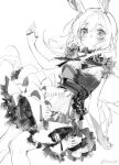  1girl ambience_synesthesia amiya_(arknights) animal_ears arknights blush chinese_commentary commentary dress feet floating_hair frilled_dress frills greyscale liyu_li long_hair looking_at_viewer monochrome multiple_rings rabbit_ears sketch solo 