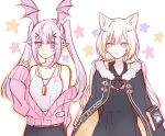  2girls animal_ears arknights bare_shoulders bat_wings blonde_hair blush cardigan cat_ears chinese_commentary coat commentary_request dog_tags fur-trimmed_coat fur_trim head_wings heterochromia long_hair long_sleeves manticore_(arknights) multiple_girls nightmare_(arknights) off_shoulder open_clothes open_coat open_mouth pointy_ears purple_hair some_doctor_(mou_boshi) tank_top twintails violet_eyes wings 