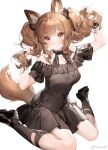  ambience_synesthesia angelina_(arknights) animal_ears arknights bare_shoulders black_bow black_dress black_footwear black_legwear black_neckwear black_wrist_cuffs bow bowtie brown_hair buttons chinese_commentary collarbone commentary dress eyebrows_visible_through_hair fox_ears fox_girl fox_tail hair_bow holding holding_hair liyu_li long_hair looking_at_viewer off-shoulder_dress off_shoulder pleated_dress red_eyes shoes simple_background sitting socks tail twintails wariza weibo_username white_background 