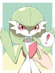  ! :o absurdres border colored_skin commentary_request fingernails gardevoir gen_3_pokemon green_hair hands_up highres looking_down open_mouth pokemon pokemon_(creature) poking red_eyes shabana_may spoken_exclamation_mark tongue w_arms white_border white_skin 