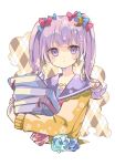  1girl :&lt; alternate_costume blue_flower book closed_mouth crescent crescent_hair_ornament flower green_flower hair_ornament holding holding_book long_sleeves looking_at_viewer patchouli_knowledge purple_hair red_flower sailor_collar simple_background solo touhou upper_body violet_eyes white_background yuineko 