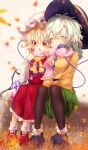  2girls absurdres autumn_leaves black_footwear black_headwear black_legwear blonde_hair blouse blurry blurry_background blurry_foreground blush calpis118 closed_eyes closed_mouth flandre_scarlet frilled_skirt frills full_body green_skirt hair_between_eyes hat hat_ribbon highres komeiji_koishi light_green_hair long_sleeves messy_hair mob_cap multiple_girls open_mouth pantyhose pink_scarf rainbow_order red_eyes red_footwear red_ribbon red_skirt red_vest ribbon scarf shirt short_hair skirt third_eye touhou vest white_headwear white_legwear white_shirt wings yellow_blouse yellow_ribbon 