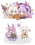  2girls ? animal_ears arknights bangs bat_wings blonde_hair blunt_bangs cardigan cat_ears chibi chinese_commentary commentary_request head_wings heart heterochromia long_hair long_sleeves manticore_(arknights) manticore_(invisible_dirge)_(arknights) multiple_girls nightmare_(arknights) official_alternate_costume pointy_ears purple_hair scarf scorpion_tail shared_scarf some_doctor_(mou_boshi) staff tail twintails violet_eyes wings yarn yarn_ball 