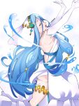  1340smile 1girl absurdres anklet arms_up azura_(fire_emblem) back backless_dress backless_outfit blue_hair blush breasts closed_eyes commentary dancer dancing detached_sleeves dress elbow_gloves english_commentary fire_emblem fire_emblem_fates fire_emblem_heroes gloves hair_between_eyes highres hydrokinesis jewelry long_hair medium_breasts music open_mouth shiny shiny_hair simple_background singing sleeveless sleeveless_dress solo twitter_username veil very_long_hair water white_dress white_gloves white_sleeves white_veil 