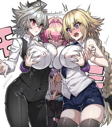  1boy 2girls @_@ ahoge artist_name astolfo_(fate) bare_shoulders belt belt_buckle blonde_hair blush braid braided_ponytail breast_grab breasts buckle closed_eyes commentary_request covered_nipples cowboy_shot embarrassed eyebrows_visible_through_hair fate/apocrypha fate_(series) genderswap genderswap_(mtf) grabbing grey_hair hair_between_eyes haoro hetero highres jeanne_d&#039;arc_(fate) jeanne_d&#039;arc_(fate)_(all) large_breasts long_hair long_sleeves midriff multiple_girls navel necktie open_mouth otoko_no_ko pantyhose pink_hair shirt shorts sieg_(fate) simple_background skirt sleeveless standing striped striped_shirt sweat teeth thigh-highs tongue twitter_username watermark white_background 