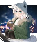  1girl absurdres animal_ear_fluff animal_ears bangs black_legwear blurry blurry_background blush braid brown_gloves ear_down extra_ears eyebrows_visible_through_hair fang fox_(user_svjz5723) fox_ears fox_girl fox_tail fur-trimmed_jacket fur_trim gloves green_eyes green_jacket hair_between_eyes highres holding_up hololive jacket korean_commentary letterboxed long_hair looking_at_viewer open_clothes open_jacket open_mouth pantyhose pentagram shirakami_fubuki shirt sidelocks single_braid sitting skin_fang solo tail virtual_youtuber white_hair white_shirt 