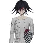  1boy bangs black_hair blood blood_on_face bloody_clothes buttons checkered checkered_floor checkered_scarf collarbone dangan_ronpa_(series) dangan_ronpa_v3:_killing_harmony double-breasted frown grey_jacket hair_between_eyes holding holding_clothes holding_scarf iumi_urura jacket looking_at_viewer male_focus ouma_kokichi scarf scarf_removed simple_background solo upper_body violet_eyes white_background 