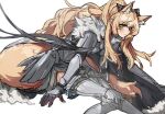  1girl animal_ear_fluff animal_ears arknights armor bangs blemishine_(arknights) blonde_hair blush breastplate closed_mouth commentary_request eyebrows_visible_through_hair feet_out_of_frame horse_ears horse_girl horse_tail long_hair looking_at_viewer orange_eyes ponytail sitting smile solo tail weapon yellow_eyes yurooe 