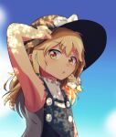  1girl armpits bangs black_vest blonde_hair blue_sky bow brown_headwear eyebrows_visible_through_hair hair_between_eyes hair_bow hand_on_headwear hansode32 hat highres kirisame_marisa light looking_at_viewer medium_hair open_mouth shirt sky sleeveless solo touhou vest white_bow white_shirt yellow_eyes 