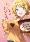  1girl :d ahoge amochin blonde_hair blue_eyes blue_pants blush breasts bucket commentary_request eyebrows_visible_through_hair food hachimiya_meguru hair_ornament hairclip holding holding_bucket holding_spoon ice_cream idolmaster idolmaster_shiny_colors large_breasts long_sleeves looking_at_viewer low_twintails open_mouth orange_shirt pants pink_background print_shirt shirt smile solo spoon translation_request twintails 