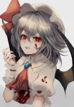  1girl :o absurdres ascot bat_wings blood breasts brooch cropped_torso grey_background grey_hair hat highres jewelry maho_moco mob_cap red_eyes remilia_scarlet short_hair simple_background small_breasts solo touhou upper_body wings 