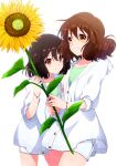  2girls bangs black_hair bracelet brown_eyes brown_hair closed_mouth collarbone flower gekijouban_hibike!_euphonium green_shirt hibike!_euphonium highres hisaishi_kanade holding holding_flower hood hoodie jacket jewelry komugiko long_sleeves looking_at_viewer medium_hair multiple_girls oumae_kumiko red_eyes shirt short_hair shorts simple_background smile standing sunflower white_background white_hoodie white_jacket white_shorts yellow_flower 