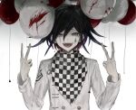  1boy :d balloon bangs black_hair blood buttons checkered checkered_neckwear checkered_scarf dangan_ronpa_(series) dangan_ronpa_v3:_killing_harmony double-breasted double_v gradient gradient_background grey_background grey_jacket iumi_urura jacket long_sleeves looking_at_viewer male_focus open_mouth ouma_kokichi purple_hair scarf smile solo tongue upper_teeth v violet_eyes 
