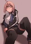  1girl ahoge artoria_pendragon_(all) black-framed_eyewear black_legwear blonde_hair blush fate/grand_order fate_(series) fu-ta glasses jacket looking_at_viewer mysterious_heroine_x_(alter)_(fate) pink_background short_hair simple_background solo thigh-highs yellow_eyes 