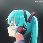  1girl absurdres bangs blue_eyes blue_hair closed_mouth grey_background hair_between_eyes hair_ornament hatsune_miku headphones highres long_hair naomisunny121 portrait profile shiny shiny_hair smile solo twintails vocaloid 