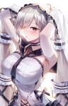  1girl absurdres armpits arms_behind_head azur_lane black_neckwear blush breasts choker formidable_(azur_lane) formidable_(timeless_classics)_(azur_lane) grey_hair hair_over_one_eye highres huge_filesize large_breasts long_hair looking_at_viewer official_alternate_costume red_eyes simple_background solo twintails white_background white_choker yuckpo_55 