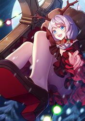  1girl antlers bangs blue_eyes christmas christmas_lights christmas_ornaments cross_(weapon) gift_bag hair_between_eyes happy honkai_(series) honkai_impact_3rd leggings legs looking_at_viewer moon night night_sky open_mouth shoes side_ponytail skirt sky smile snow snowing soles solo sougishi_ego teeth theresa_apocalypse tongue tree white_hair white_legwear 