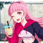  1girl bangs blurry blurry_background blush bubble_tea commentary_request cropped_hoodie drink edie_crop_hoodie fire_emblem fire_emblem:_three_houses high_ponytail hilda_valentine_goneril holding holding_drink hood hood_down hoodie long_hair looking_at_viewer meme_attire miran_(olivine_20) multicolored multicolored_clothes navel one_eye_closed open_mouth outstretched_hand pink_eyes pink_hair single_sleeve smile solo 