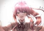  1girl absurdres artist_request bangs bow breasts brown_hair doki_doki_literature_club green_eyes highres long_hair looking_at_viewer monika_(doki_doki_literature_club) open_arms open_mouth school_uniform smile solo tears very_long_hair white_bow 