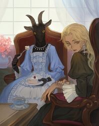  2girls black_choker black_dress blonde_hair blue_dress brown_eyes cake chair choker cup curtains dress earrings flower food fork goat_girl highres holding holding_fork horns jewelry long_hair morry multiple_girls original pink_flower plate table vase window 