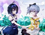  2girls 8181018 antenna_hair bangs bare_shoulders bronya_zaychik closed_eyes clouds cloudy_sky doll drill_hair grey_background grey_eyes hair_between_eyes hair_ribbon holding holding_hands holding_weapon homu_(honkai_impact) honkai_(series) honkai_impact_3rd looking_at_another multiple_girls open_mouth outdoors purple_hair ribbon seele_vollerei short_hair sky smile violet_eyes weapon yuri 