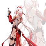  1girl ass barefoot behind_back black_gloves china_dress chinese_clothes dress fu_hua fu_hua_(phoenix) gloves hair_ornament highres honkai_(series) honkai_impact_3rd li376516233 long_hair looking_ahead ponytail red_gloves simple_background solo white_background white_hair 