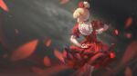  1girl alphonse_(white_datura) bangs black_choker blonde_hair blue_eyes blurry blurry_foreground bracelet choker dress facing_away flower frilled_dress frills from_behind hair_bun hair_flower hair_ornament highres jewelry original petals puffy_short_sleeves puffy_sleeves red_dress short_hair short_sleeves solo 