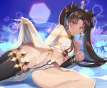  1girl armlet bangs bikini black_hair black_legwear bracelet breasts detached_sleeves earrings fate/grand_order fate_(series) gold_trim hair_ribbon highres hoop_earrings ishtar_(fate) ishtar_(fate)_(all) jewelry kabocha_(monkey4) long_hair looking_at_viewer lying medium_breasts neck_ring on_side parted_bangs red_eyes ribbon single_detached_sleeve single_thighhigh solo swimsuit thigh-highs thighlet thighs tiara two_side_up white_bikini 