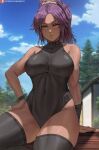 1girl arm_support black_legwear black_leotard bleach blue_sky blurry blurry_background breasts clouds covered_navel dark-skinned_female dark_skin hand_on_hip highres large_breasts leotard looking_at_viewer outdoors parted_lips patreon_logo ponytail shexyo shihouin_yoruichi sky solo thigh-highs toned tree yellow_eyes