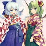  2girls alternate_costume bangs blue_bow blue_eyes blue_hair bow cirno closed_mouth commentary_request daiyousei eyebrows_visible_through_hair fairy_wings fang green_eyes green_hair hair_bow hair_ornament hakama ice ice_wings japanese_clothes kanzashi kimono long_sleeves looking_at_another medium_hair multiple_girls obi open_mouth sash short_hair side_ponytail sidelocks smile standing tomobe_kinuko touhou wide_sleeves wings 