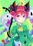  1girl absurdres animal_ears bangs black_bow bow breasts cat_ears cat_tail closed_mouth dress eyebrows_visible_through_hair ghost green_background green_dress green_sleeves hair_between_eyes hair_bow highres kaenbyou_rin long_hair long_sleeves looking_at_viewer multicolored multicolored_eyes red_bow red_eyes redhead shinrabanshou_(ehjs2237) small_breasts tail touhou yellow_eyes yellow_neckwear 
