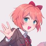  1girl blue_eyes blush bow commentary doki_doki_literature_club hair_bow hand_up long_sleeves looking_at_viewer m1stm1 open_mouth orange_hair portrait red_bow sayori_(doki_doki_literature_club) school_uniform short_hair simple_background smile solo upper_body upper_teeth white_background 
