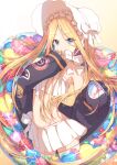  1girl abigail_williams_(fate) abigail_williams_(swimsuit_foreigner)_(fate) bikini black_jacket blonde_hair blue_eyes bonnet commentary_request eyebrows_visible_through_hair fate/grand_order fate_(series) fingernails frilled_bikini frills hair_between_eyes highres jacket long_hair long_sleeves looking_at_viewer shiohari_kanna solo swimsuit very_long_hair white_bikini white_headwear 