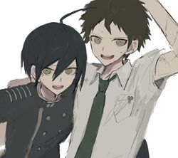  2boys :d ahoge arm_around_shoulder bangs black_hair black_jacket breast_pocket brown_eyes buttons collared_shirt dangan_ronpa_(series) dangan_ronpa_2:_goodbye_despair dangan_ronpa_v3:_killing_harmony double-breasted gakuran green_neckwear grey_background hair_between_eyes hinata_hajime iumi_urura jacket looking_at_viewer male_focus multiple_boys necktie open_mouth pocket saihara_shuuichi school_uniform shirt short_hair simple_background smile sweat sweatdrop upper_body upper_teeth white_background white_shirt 