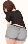  1girl ass bangs black_panties black_shirt blush bob_cut brown_eyes brown_hair closed_mouth commentary_request eyebrows_visible_through_hair from_behind grey_background grey_shorts hair_between_eyes highres kapatarou leaning_forward looking_at_viewer looking_back original panties shirt short_shorts short_sleeves shorts simple_background solo translation_request underwear 