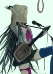  1girl arm_up bag_over_head bangs black_hair black_nails black_skirt blue_legwear character_print commentary_request dangan_ronpa_(series) dangan_ronpa_2:_goodbye_despair electric_guitar guitar highres holding instrument iumi_urura knee_up long_hair microphone mioda_ibuki monomi_(dangan_ronpa) multicolored_hair neckerchief noose piercing pink_hair pleated_skirt rope sailor_collar school_uniform scrunchie serafuku shirt short_sleeves skirt solo spoilers thigh-highs torn_clothes torn_legwear very_long_hair white_hair wrist_scrunchie zettai_ryouiki 