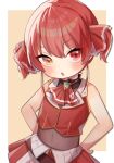  1girl 852_box ascot child commentary_request covered_navel hair_ribbon hands_on_hips heterochromia highres hololive houshou_marine red_eyes red_neckwear red_ribbon redhead ribbon short_hair short_twintails solo twintails virtual_youtuber yellow_eyes younger 