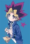  1boy amezawa_koma blonde_hair blue_background blue_jacket bright_pupils closed_mouth dot_mouth hands_up jacket long_sleeves looking_at_viewer millennium_puzzle multicolored_hair mutou_yuugi open_clothes open_jacket parted_lips purple_hair shirt simple_background solo two-tone_hair violet_eyes white_pupils white_shirt yu-gi-oh! 