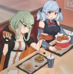  2girls blue_hair breasts bucket burger cup disgust disposable_cup drinking_straw eyepatch fast_food fingerless_gloves food french_fries fried_chicken girls_frontline gloves green_eyes green_hair harlequin-wheels leaf maple_leaf maple_syrup multiple_girls pouring red_eyes restaurant sauce spas-12_(girls_frontline) tac-50_(girls_frontline) 