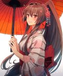  1girl blush brown_eyes brown_hair closed_mouth eyebrows_visible_through_hair floral_print flower hair_between_eyes hair_flower hair_ornament highres holding holding_umbrella japanese_clothes kantai_collection kasumi_(skchkko) kimono long_hair long_sleeves obi oil-paper_umbrella pink_flower ponytail red_umbrella sash smile solo umbrella upper_body wide_sleeves yamato_(kancolle) yukata 