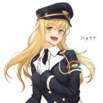  1girl black_headwear black_jacket black_neckwear blonde_hair blush character_name eyebrows_visible_through_hair girls_frontline gloves green_eyes hat holding_necktie jacket long_hair looking_at_viewer military military_hat military_uniform necktie open_mouth shirt smile solo stg44_(girls_frontline) ten_cws uniform white_background white_gloves white_shirt 