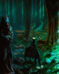  1boy anato_finnstark artist_name black_cloak cloak crown floating floating_object forest glowing glowing_eye grass highres hood hood_up hooded_cloak horse legendarium nature nazgul night outdoors red_eyes riding scenery sitting statue the_lord_of_the_rings tree 