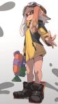  1girl black_footwear black_jacket closed_mouth domino_mask fu-ta full_body gradient gradient_background grey_background inkling jacket long_hair long_sleeves looking_at_viewer mask orange_hair shoes smile solo splatoon_(series) standing tentacle_hair two-tone_jacket yellow_jacket 