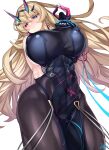  1girl abs armor bangs bare_shoulders black_dress blonde_hair blue_eyes blush breasts brown_legwear covered_navel dress fate/grand_order fate_(series) gauntlets gawain_(fairy_knight)_(fate) heterochromia highres horns huge_breasts long_hair looking_at_viewer muscular muscular_female pantyhose pauldrons pelvic_curtain red_eyes shoulder_armor single_gauntlet single_pauldron solo thighs toned watosu 