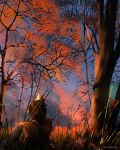  1boy anato_finnstark artist_name blue_sky day from_behind geralt_of_rivia grass highres horseback_riding male_focus outdoors red_sky riding sky sword sword_on_back the_witcher tree weapon 