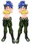  1girl abs adjusting_clothes adjusting_gloves ammunition_pouch armlet bare_shoulders belt blue_eyes blue_hair breasts camouflage camouflage_pants dog_tags earrings eyes gloves highres jewelry leona_heidern midriff military military_uniform multicolored_hair multiple_persona pants ponytail pouch sk_(sk-g) sleeveless solo standing tank_top the_king_of_fighters the_king_of_fighters_xiv the_king_of_fighters_xv triangle_earrings uniform white_background yellow_tank_top 